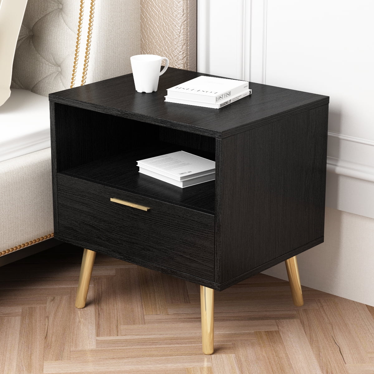 Nightstand with 1 Drawer & 1 Open Shelf, Bedside Table for Bedroom Living Room, Black
