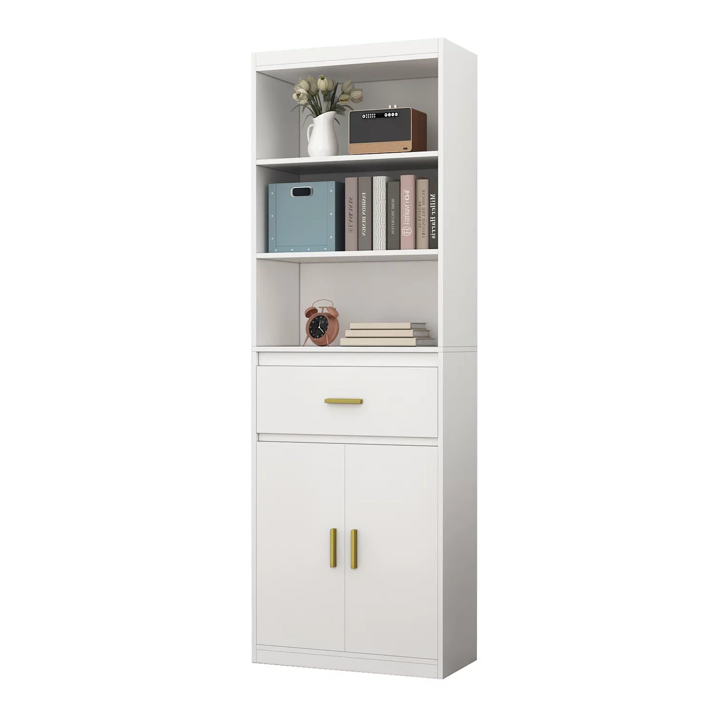 WIAWG Bookshelf with Drawer and Cabinet, Display Bookcase Utility Storage Rack Shelf for Home Living Room White