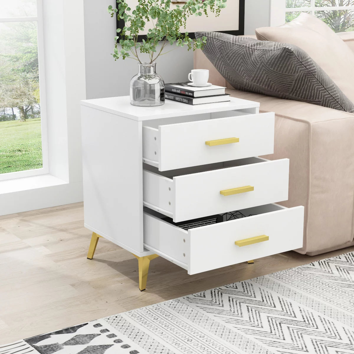 WIAWG Modern Nightstand Set of 2 for Bedroom Side Table with 3 Drawers White-Gold