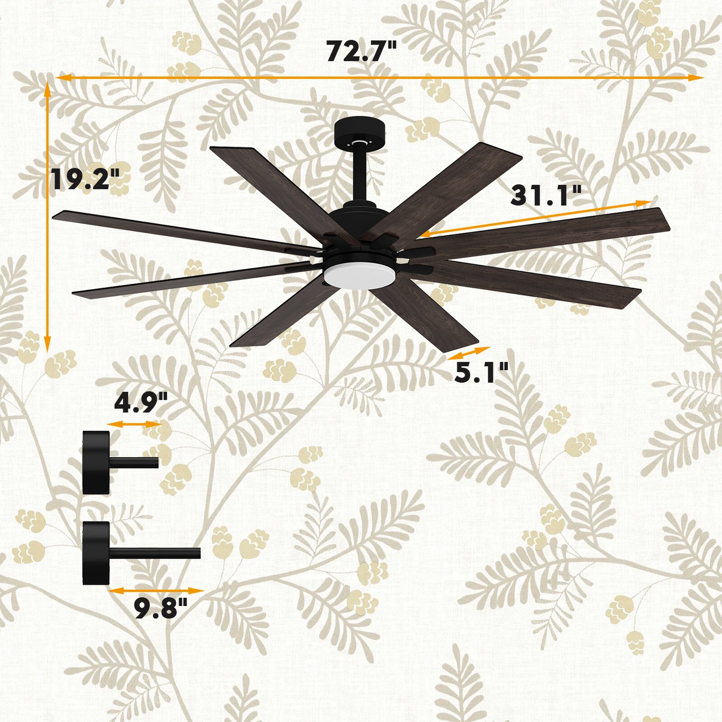 WIAWG 72" Large Ceiling Fan with Integrated LED and 8 Blades: Modern Design for Indoor/Outdoor Use, Black Finish