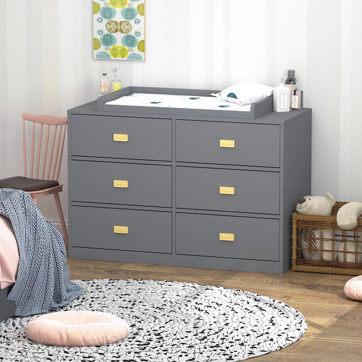 WIAWG 6 Drawer Baby Changing Table Dresser Storage Organizer Drawer Chest Gray