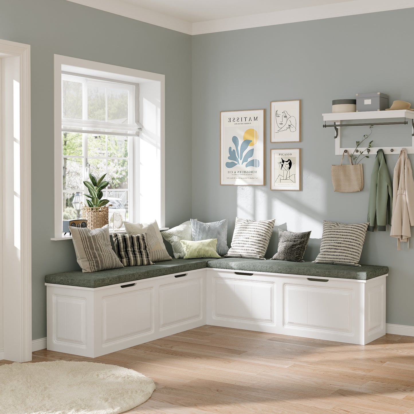 WIAWG L Shape Backless Corner Nook with Storage,Kitchen Breakfast Nook Bench,Shoe Benches for Entryway Cloakroom, White&Grey, 63”D x 63”W x 18.3”H