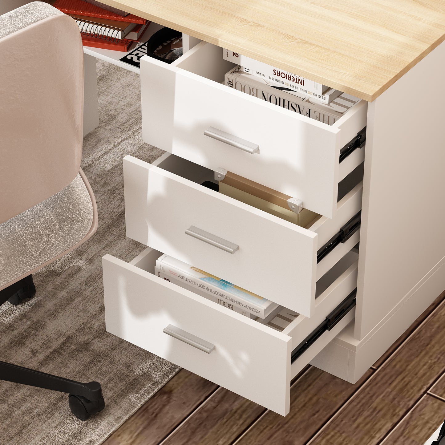 Wiawg 63" Electric Height Adjustable Standing Desk, , L Shaped Home Office Table,Oak&White