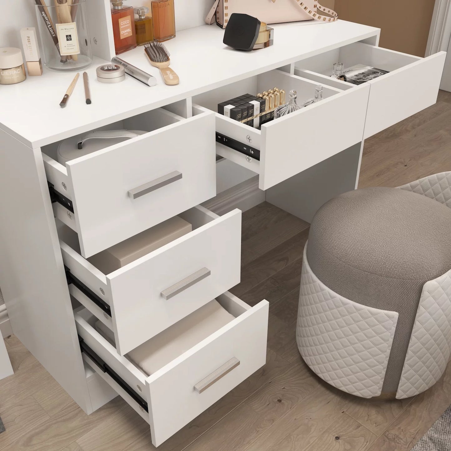 WIAWG Makeup Vanity Table with Lighted Mirror,Bedroom Dressing Table with Storage Shelf and 6 Drawers, White