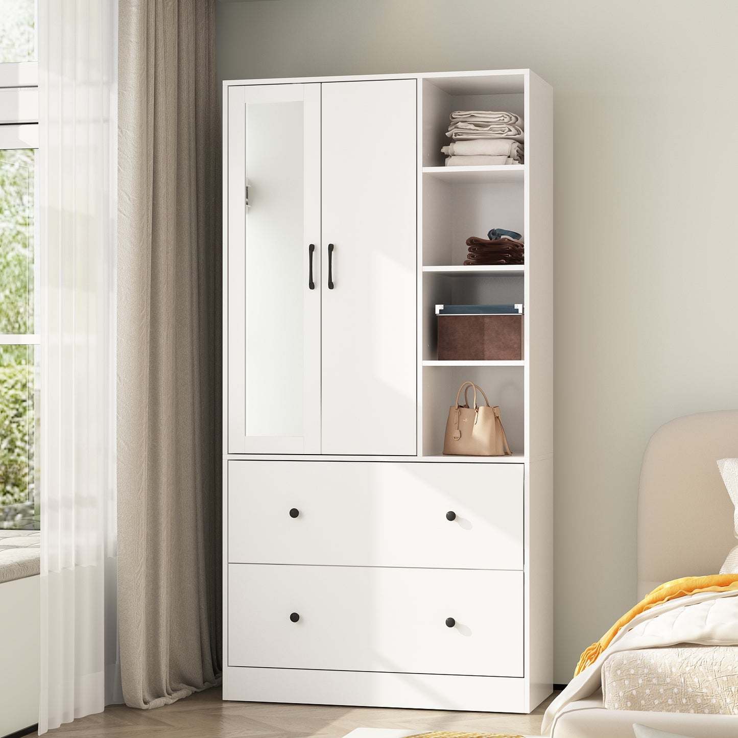 Wiawg 2 Door Wardrobe Armoire,Mirrored Closet Storage with Drawers and Shelves,White