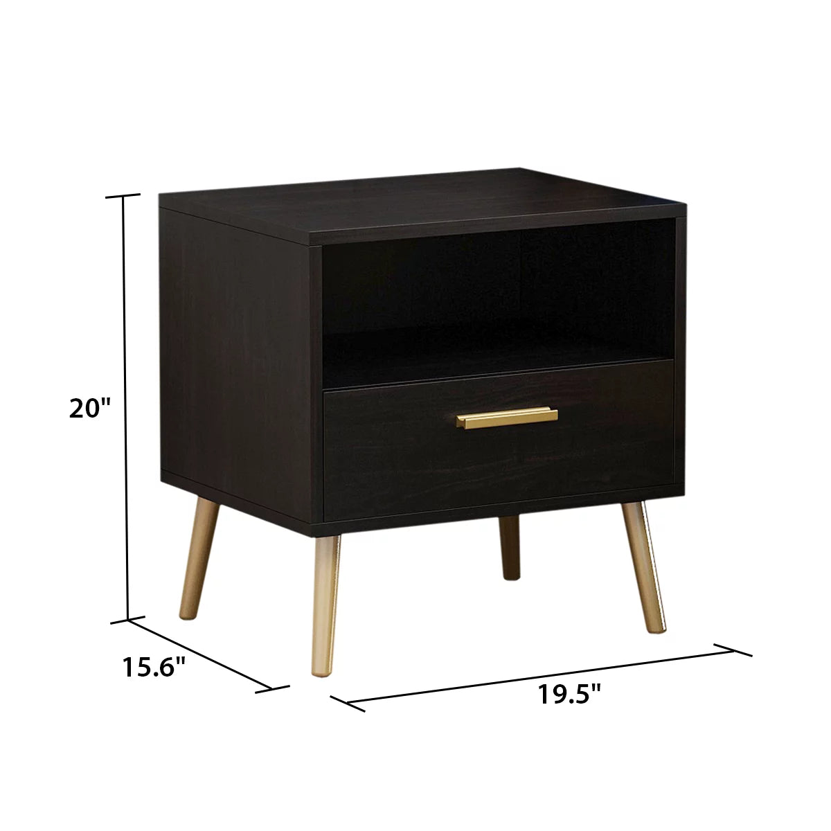 WIAWG Wooden End Table with Drawer and Shelves Storage Nightstand for Bedroom Black