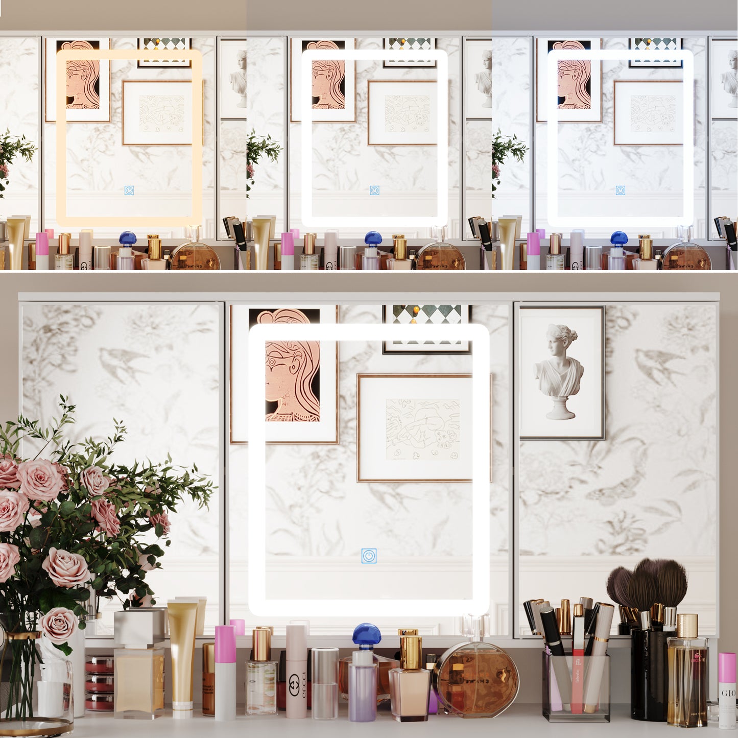 Modern Makeup Vanity Desk with Lighted Mirror, 3-Mirror Dressing Table With 9 Drawers for Bedroom