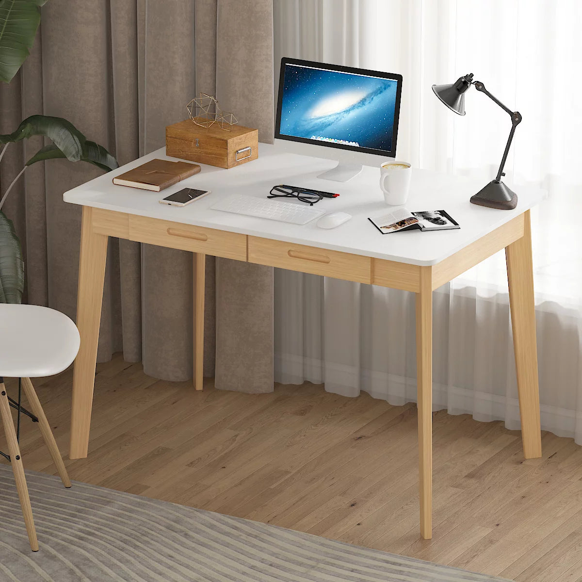 WIAWG Modern Office Desk with Drawer Simple Computer Desk Wood 39.4" White
