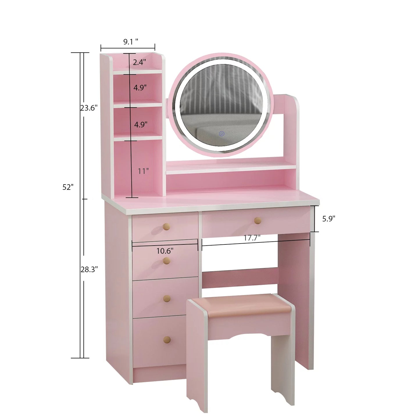 Vanity Set with Mirror and Lights Modern Storage Makeup Dressing Table with 5 Drawers Pink