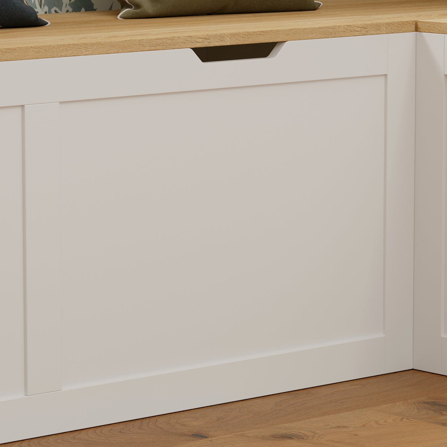 WIAWG Casual Wood Corner Dining Breakfast, L Shape Kitchen Corner Nook Bench Seating with Hidden Storage, White and Oak, 63”D x 63”W x 17.7”H