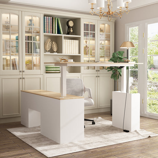 Wiawg 63" Electric Height Adjustable Standing Desk, , L Shaped Home Office Table,Oak&White