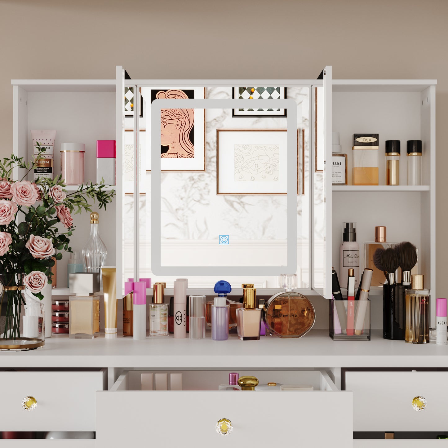 Modern Makeup Vanity Desk with Lighted Mirror, 3-Mirror Dressing Table With 9 Drawers for Bedroom