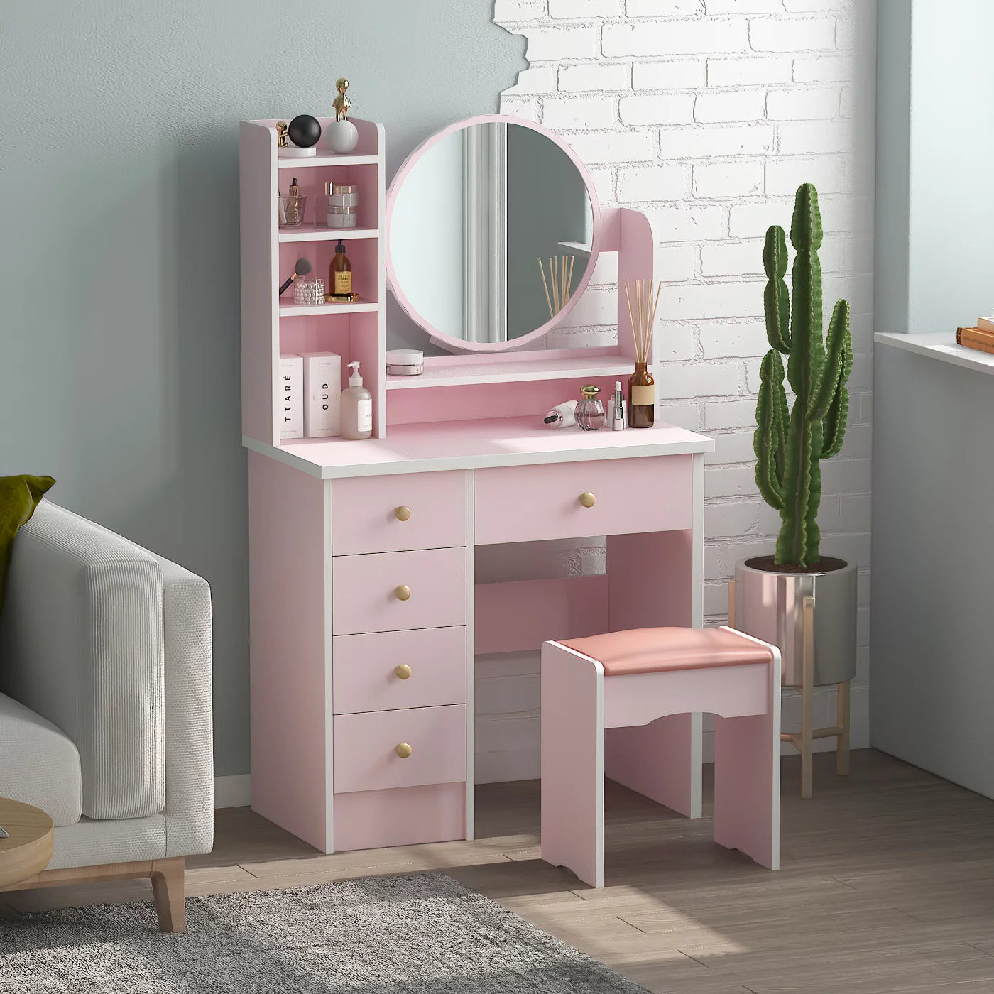 Multifunctional Computer Armoire Hutches, Vanity Set Makeup Dressing Table with Mirror and 5 Drawers for Bedroom, Pink