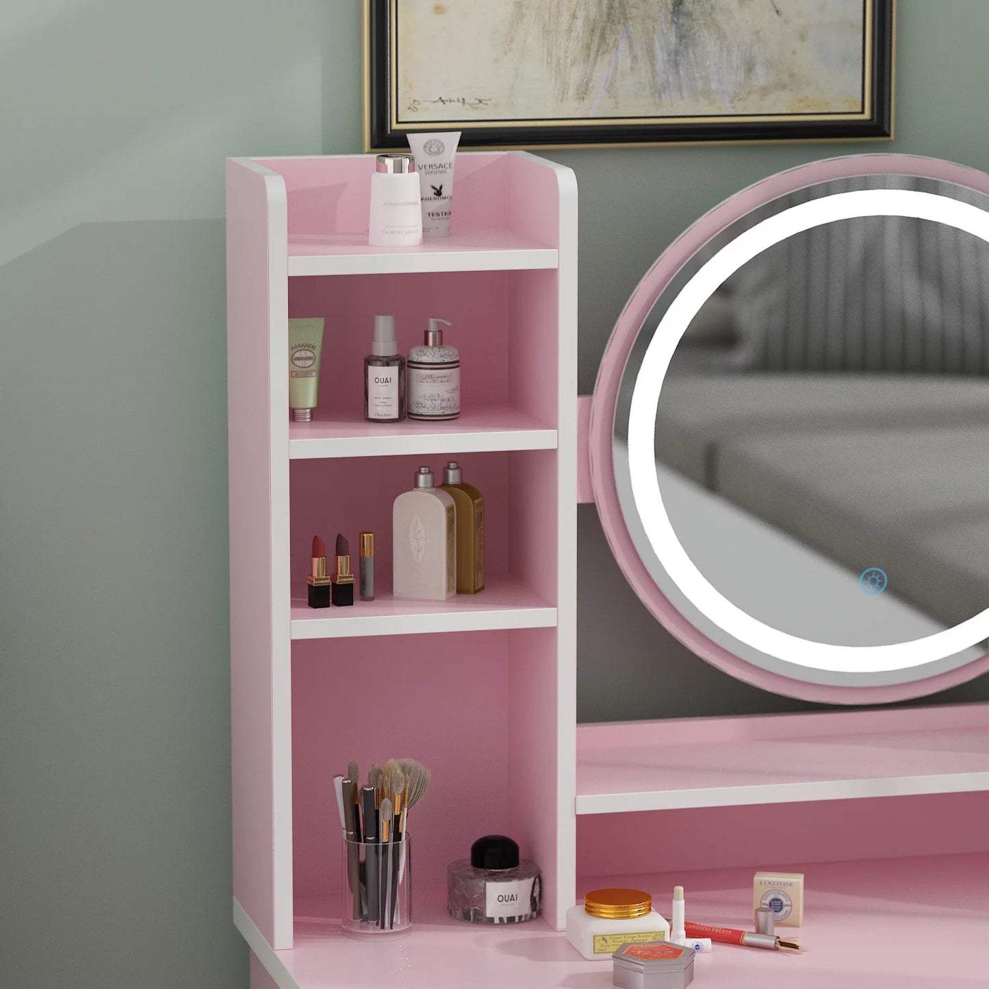 Vanity Set with Mirror and Lights Modern Storage Makeup Dressing Table with 5 Drawers Pink
