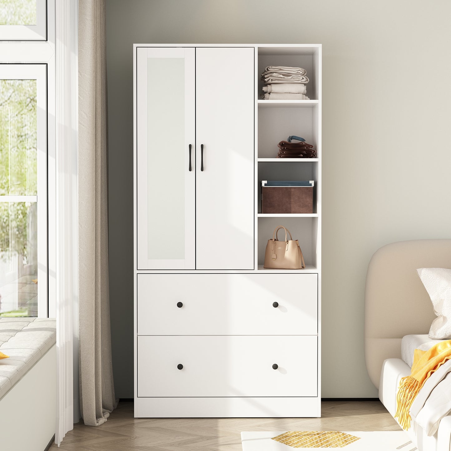 Wiawg 2 Door Wardrobe Armoire,Mirrored Closet Storage with Drawers and Shelves,White
