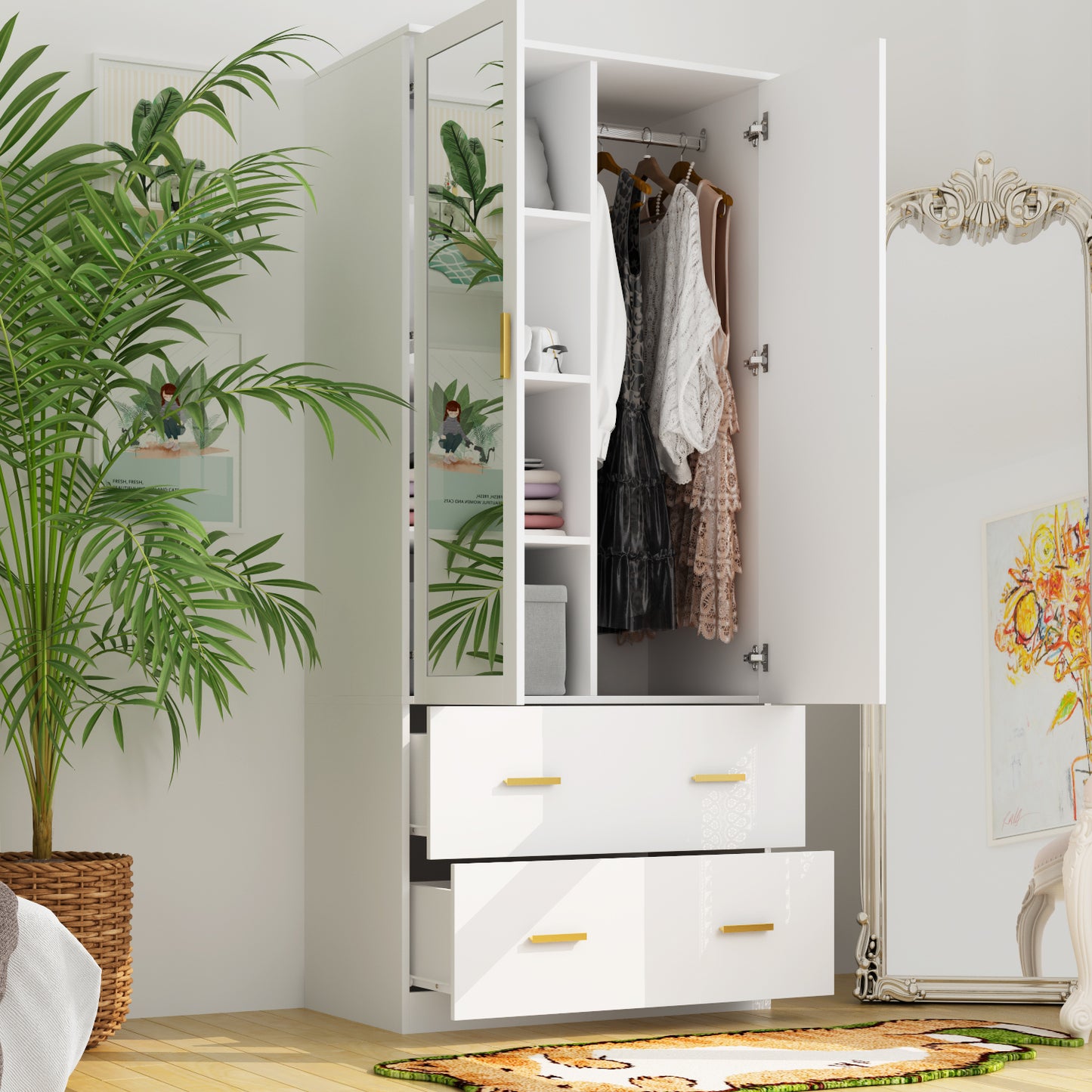 WIAWG 2-Door Armoire Wardrobe with 2 Drawers, Clothing Rod and Mirror in White