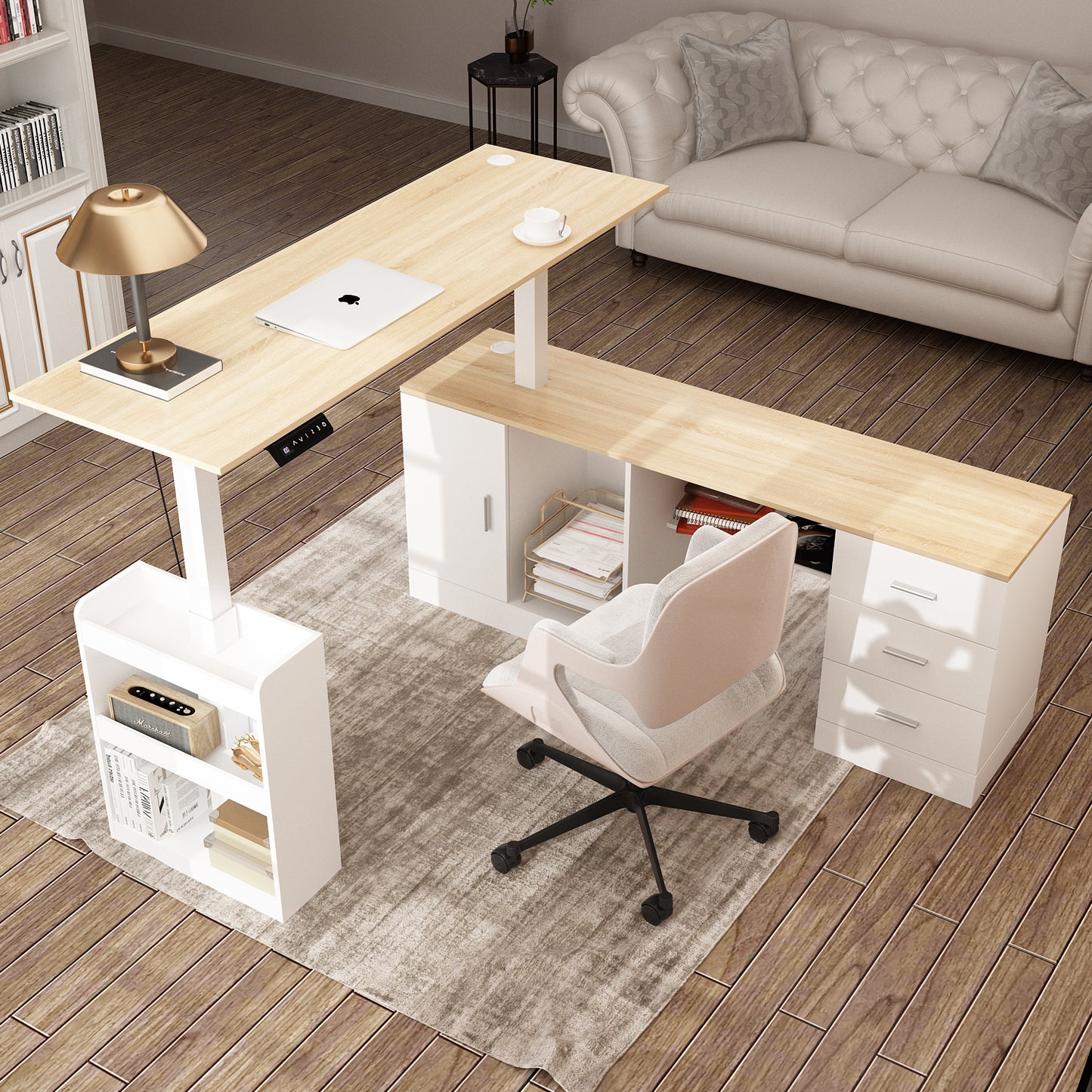 Wiawg 63" Electric Height Adjustable Standing Desk, , L Shaped Home Office Table,Oak&White