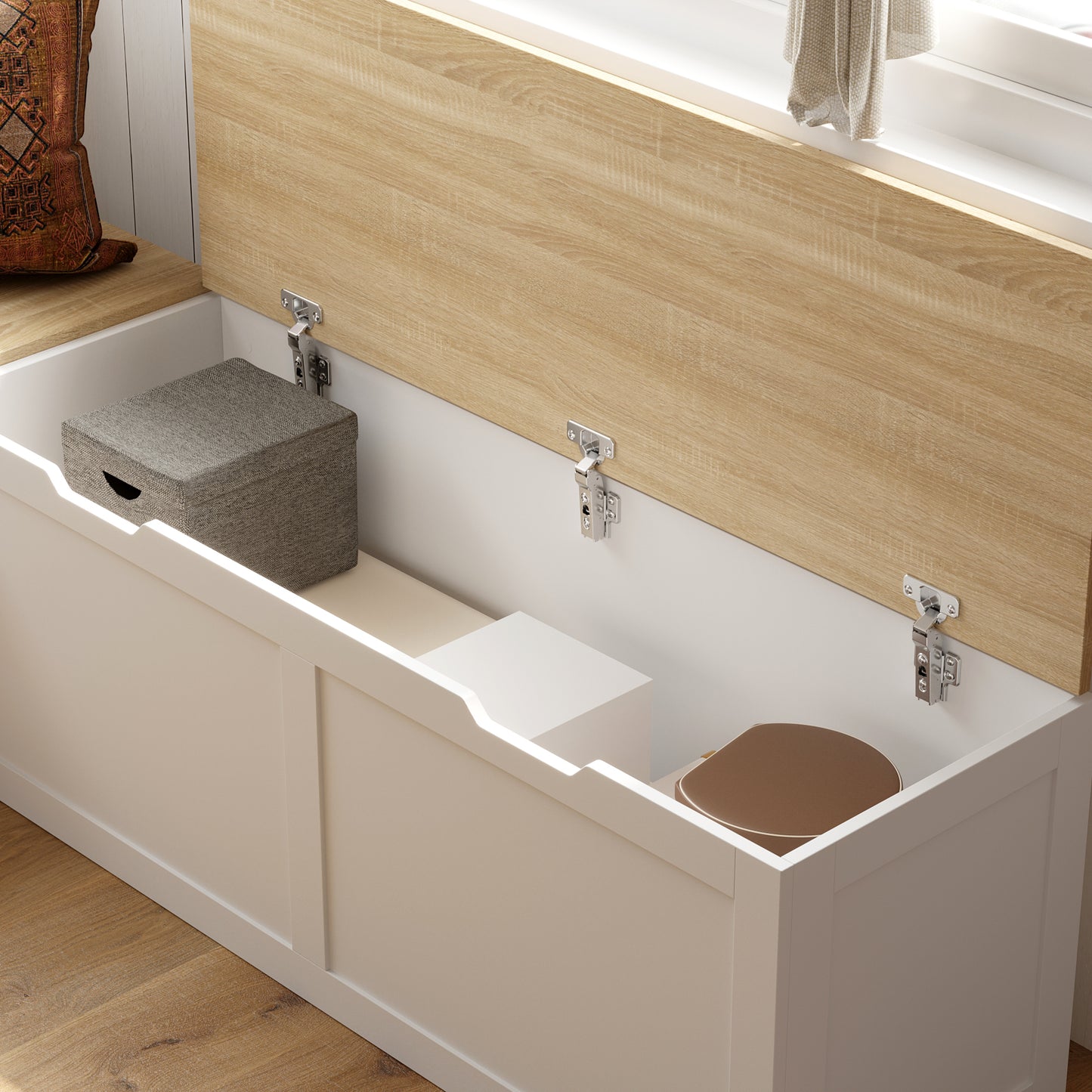 WIAWG Casual Wood Corner Dining Breakfast, L Shape Kitchen Corner Nook Bench Seating with Hidden Storage, White and Oak, 63”D x 63”W x 17.7”H