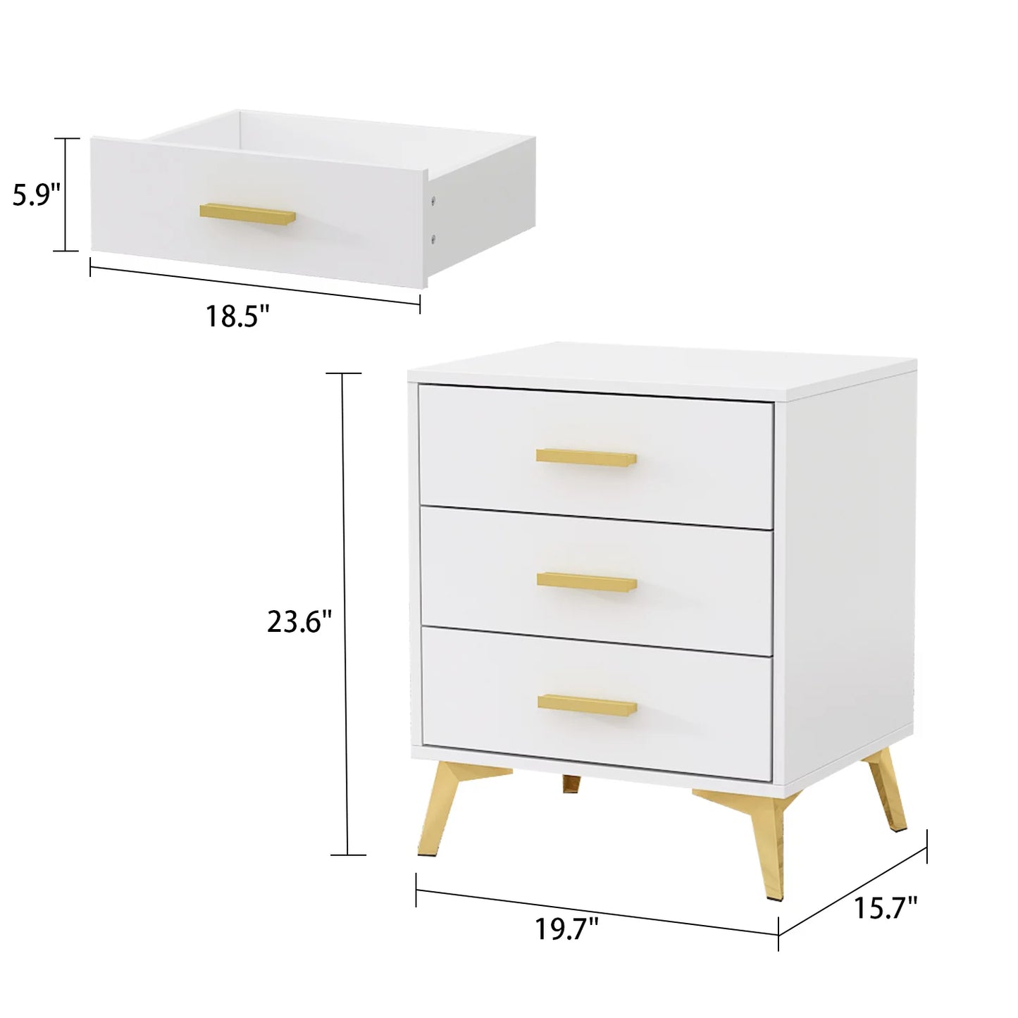 WIAWG Modern Nightstand Set of 2 for Bedroom Side Table with 3 Drawers White-Gold