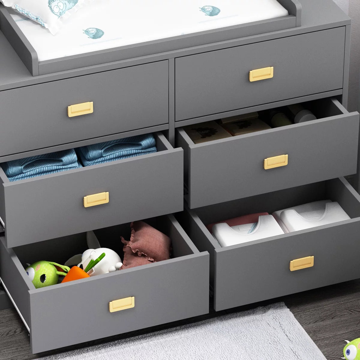 Baby 6 Drawer Dresser with Changing Top Storage Dresser for Nursery/Bedroom Gray