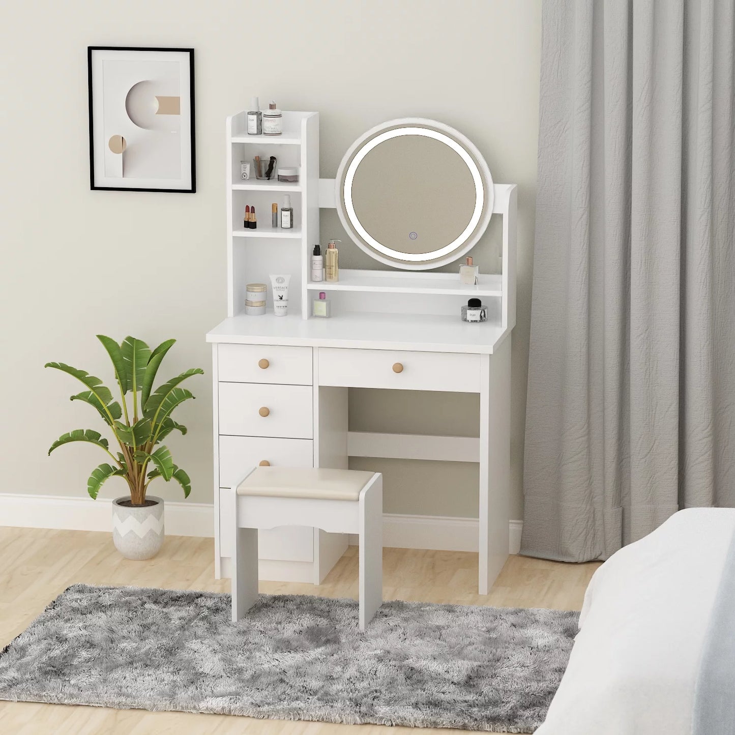 Vanity Set with Mirror and Lights Modern Storage Makeup Dressing Table with 5 Drawers White
