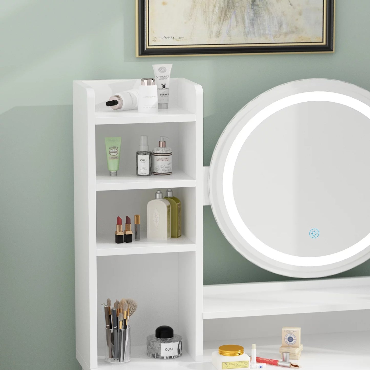 Vanity Set with Mirror and Lights Modern Storage Makeup Dressing Table with 5 Drawers White