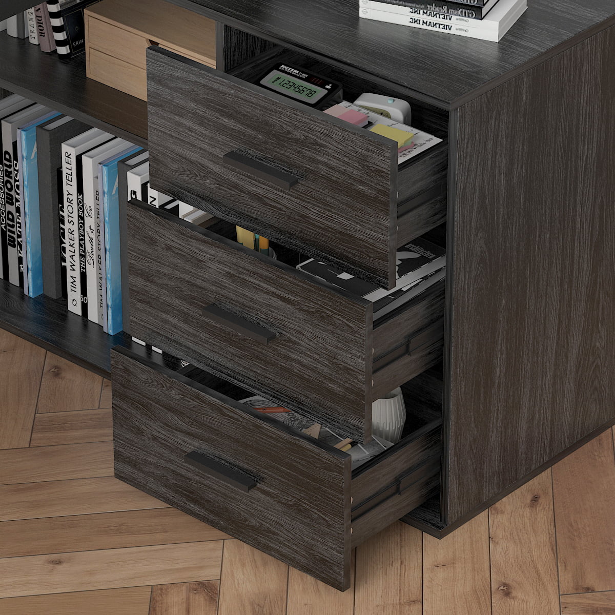 WIAWG L Shaped Desk with Hutch, Office Computer Desk with Drawers Workstastion, Dark Gray