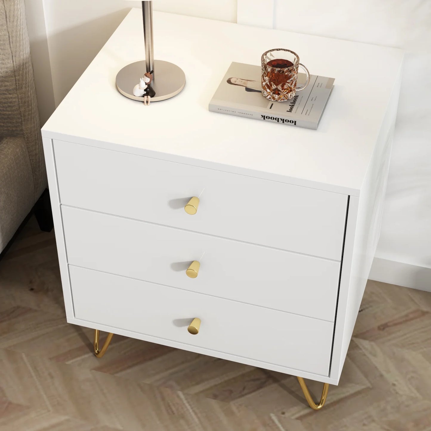 Nightstand Bedside Table, Side End Table with Metal Leg - Three Storage Drawers- Sofa Table Night Stand for Living Room, Bedroom (White)