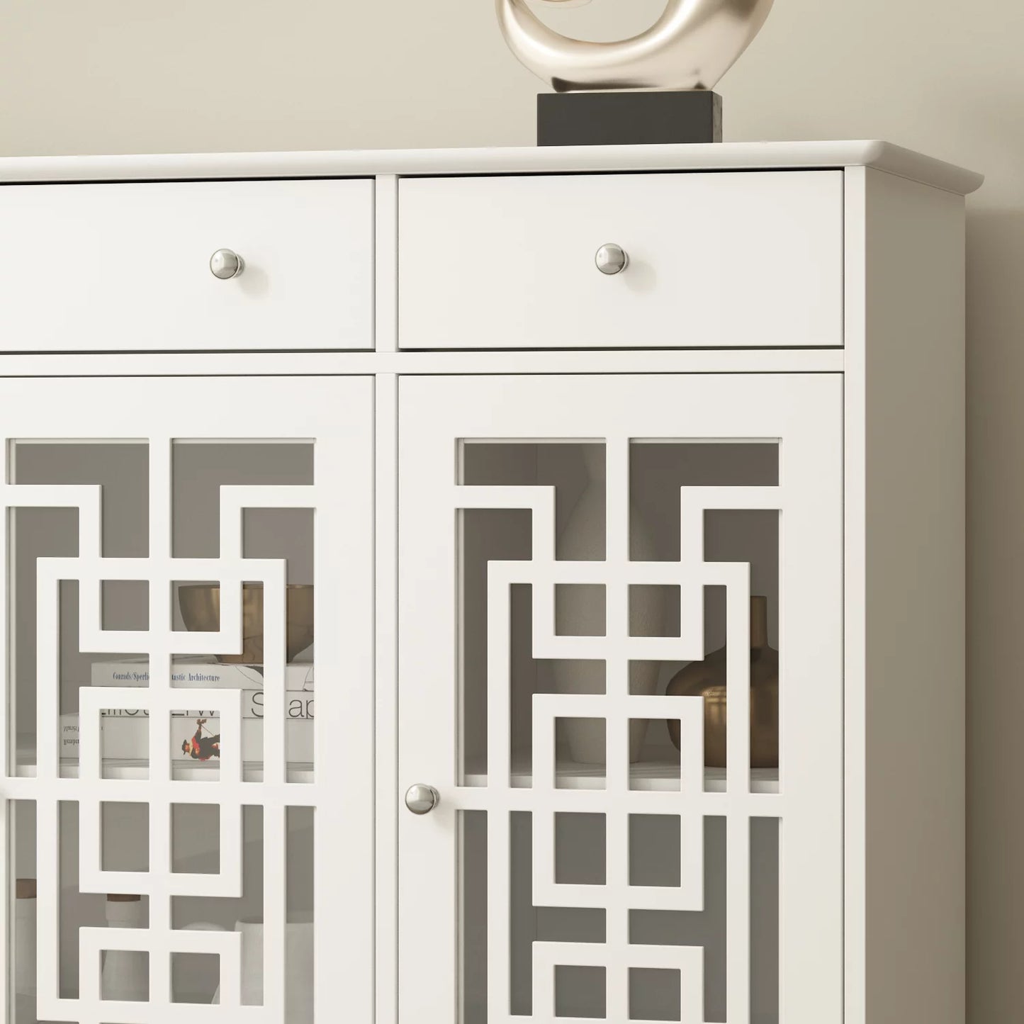 WIAWG Sideboard Buffet with Glass Door and Adjustable Shelf, 4-Door Accent Storage Cabinet with 3 Drawers for Entryway Living Room White 55.1"