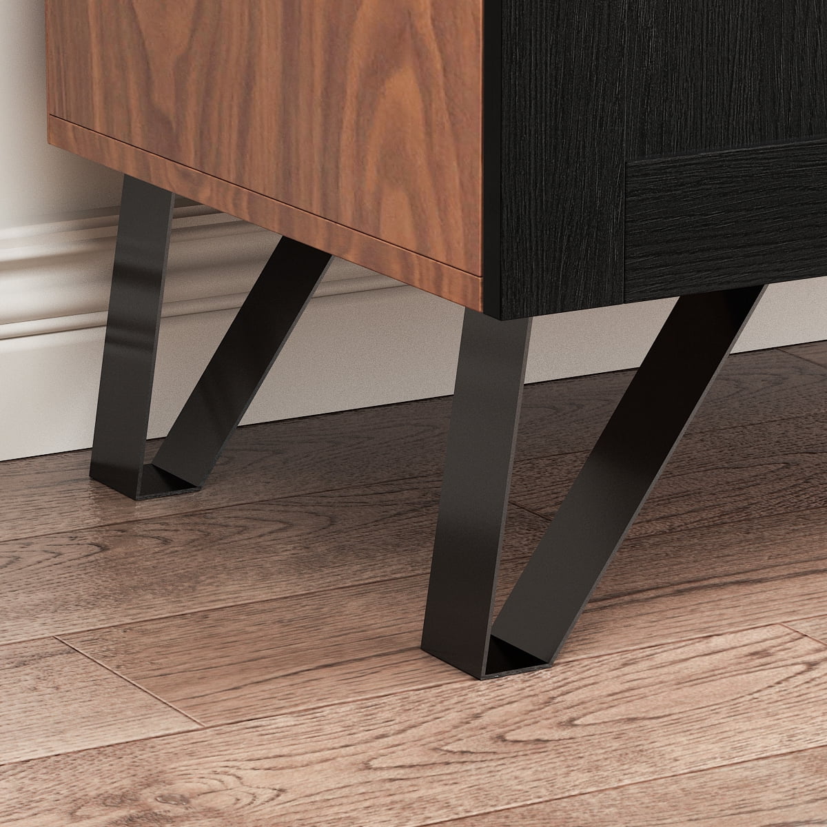 Homsee 3 Tier Bookcase Storage Cabinet with Glass Door, Display Utility Tall Cabinet with Metal Legs for Living Room, Walnut & Black