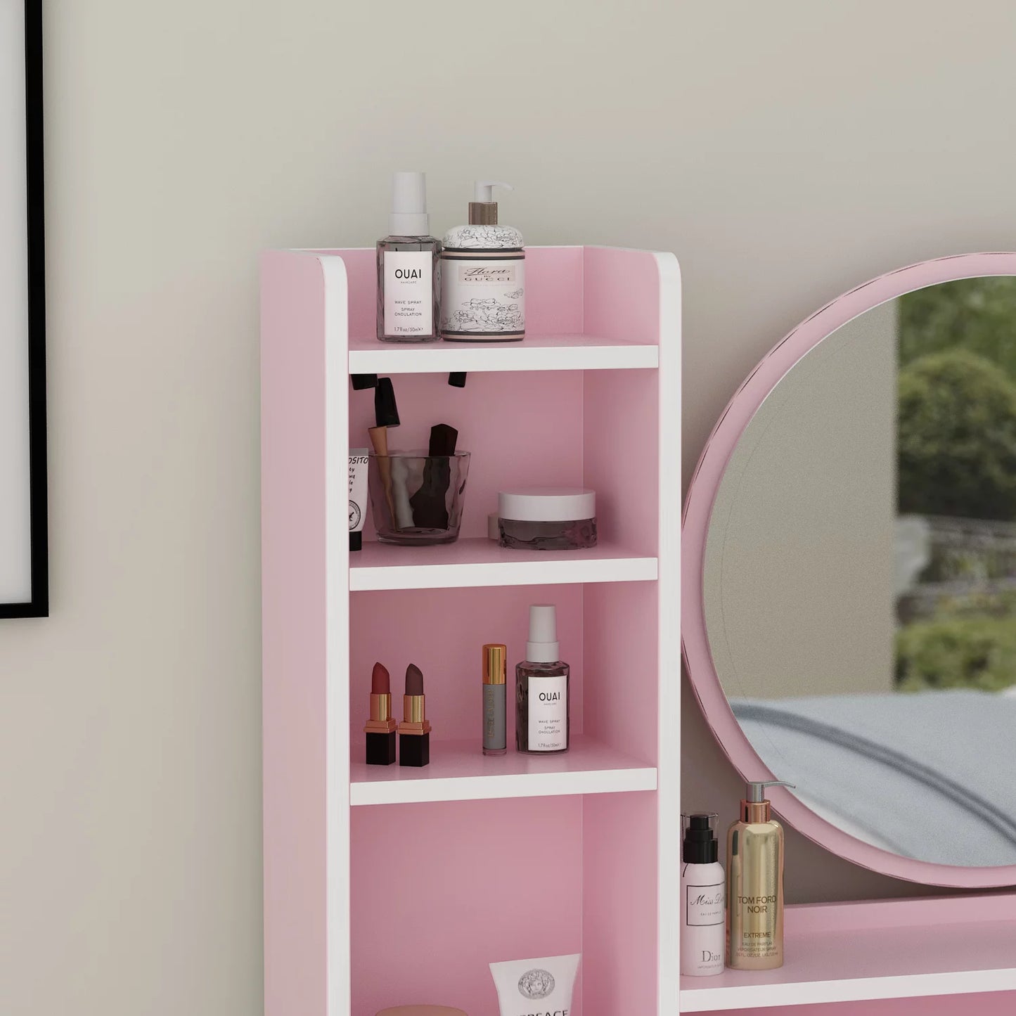 Vanity Set with Mirror Modern Storage Makeup Dressing Table with 5 Drawers Pink