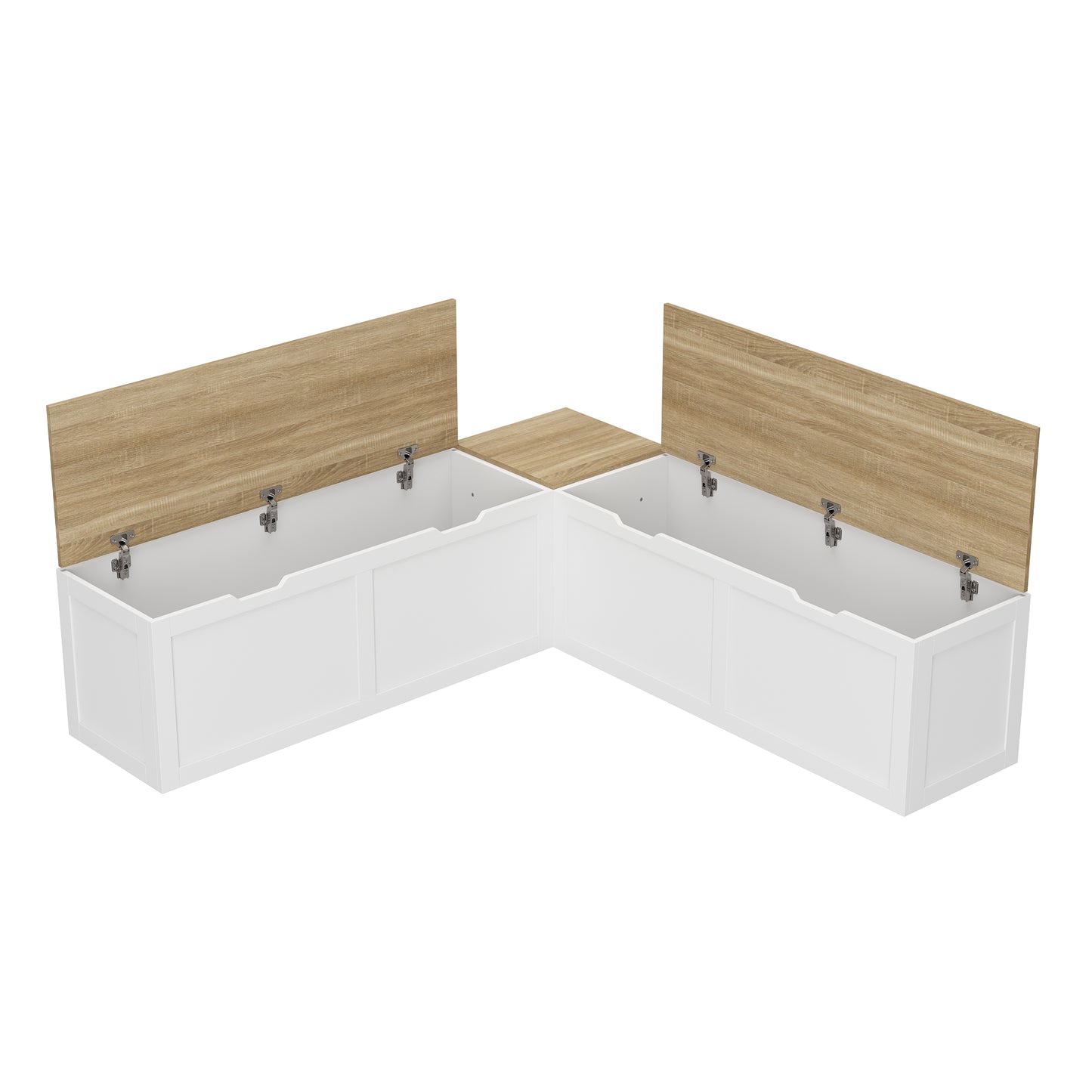 WIAWG Casual Wood Corner Dining Breakfast, L Shape Kitchen Corner Nook Bench Seating with Hidden Storage, White and Oak, 63”D x 63”W x 17.7”H
