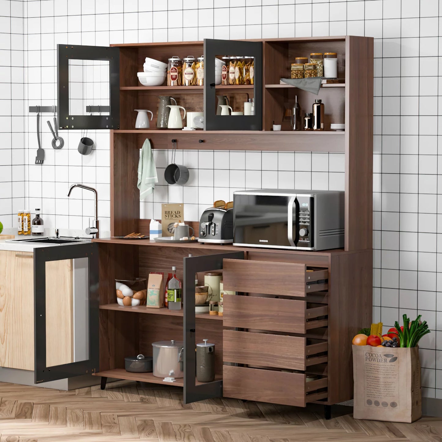 WIAWG 63" Modern Kitchen Pantry Storage Cabinet Large Wooden Sideboard Buffet hutch Cupboard Walnut/Black