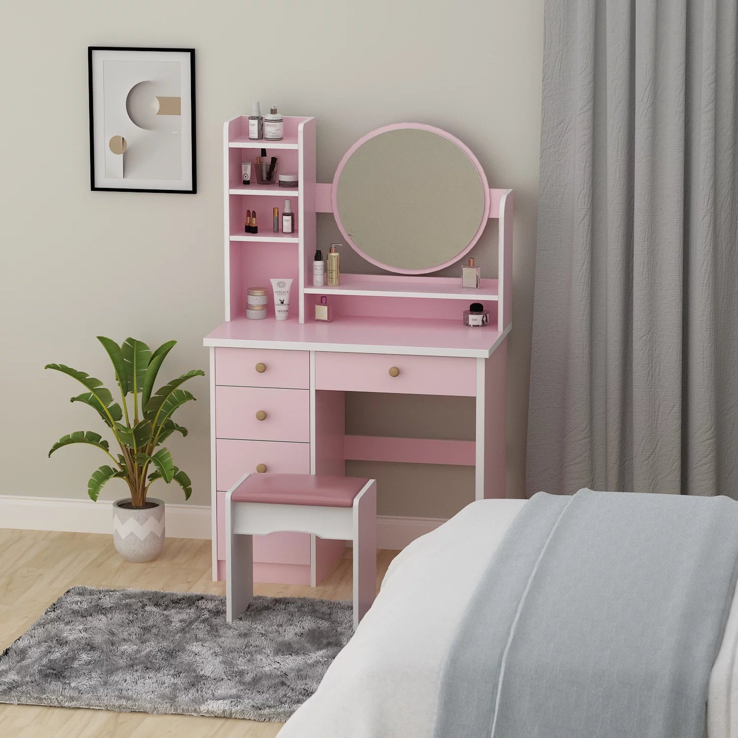 Vanity Set with Mirror Modern Storage Makeup Dressing Table with 5 Drawers Pink