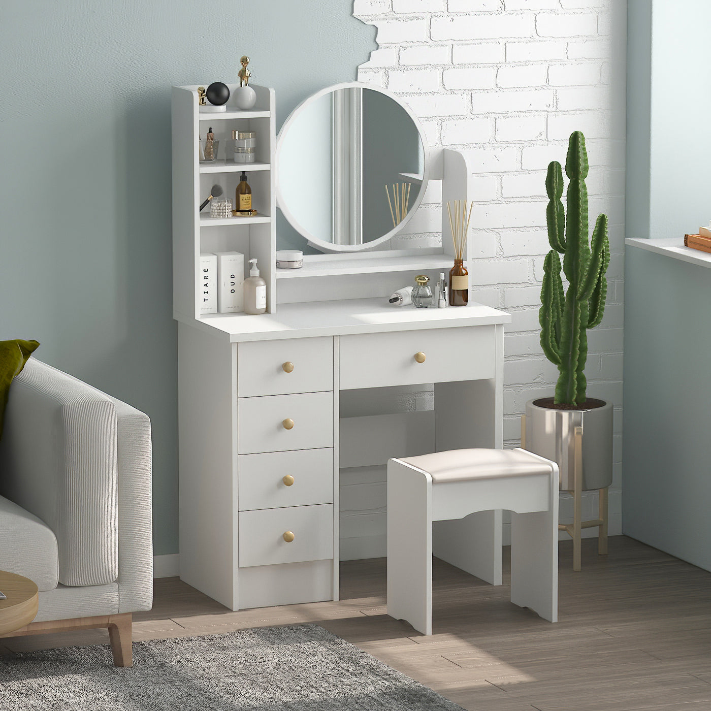 Multifunctional Computer Armoire Hutches, Vanity Set Makeup Dressing Table with Mirror and 5 Drawers for Bedroom, White