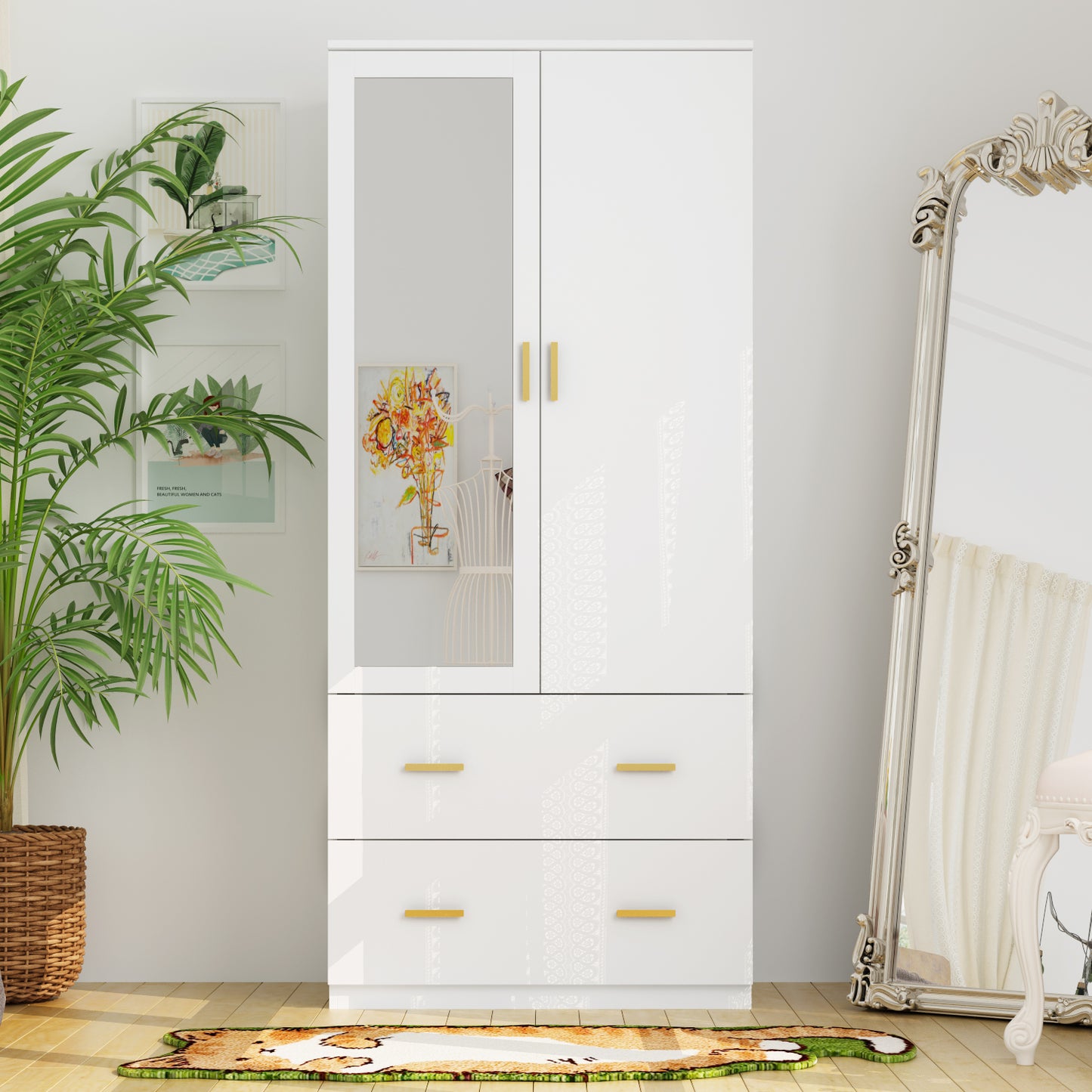 WIAWG 2-Door Armoire Wardrobe with 2 Drawers, Clothing Rod and Mirror in White