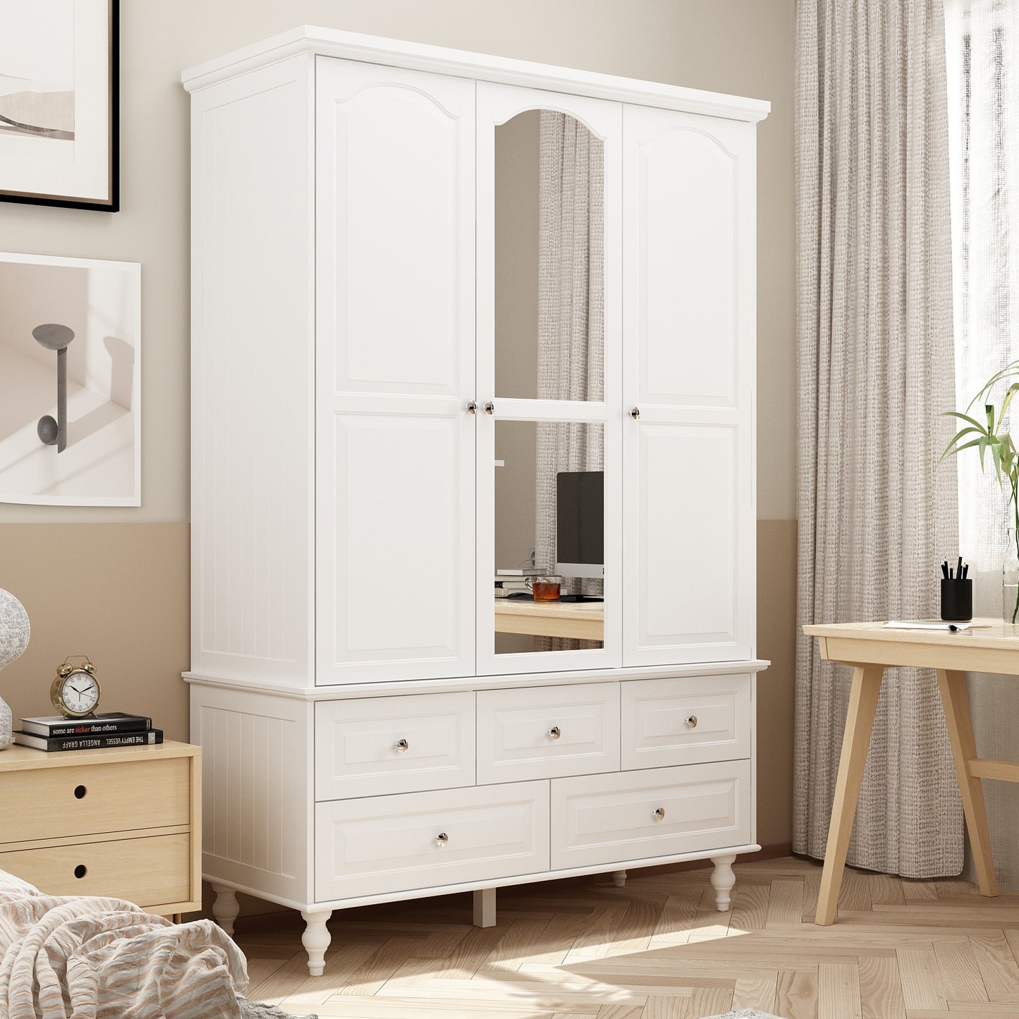 WIAWG 3-Door Wardrobe Armoire Closet with 5 Drawers and Hanging Rod plus Mirror, White