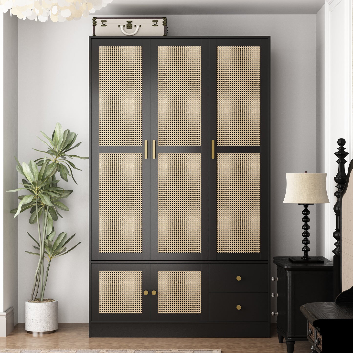 WIAWG 5-Doors Wardrobe with Rattan Accents ,2 Drawers Extra Storage Space For Bedroom,Black
