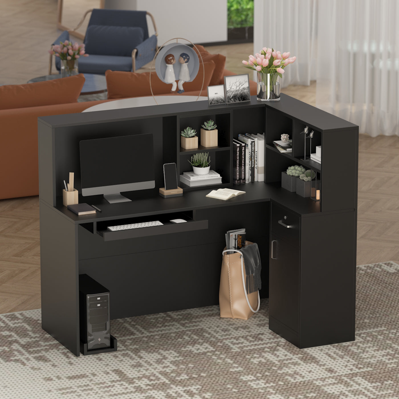 WIAWG 55.9" Reception Desk for Office/Salon Wooden L Shaped Reception Station with Drawer Black