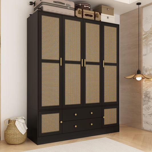 WIAWG 6-Doors Wardrobe with Rattan Accents ,2 Big Drawers Extra Storage Space For Bedroom,Black