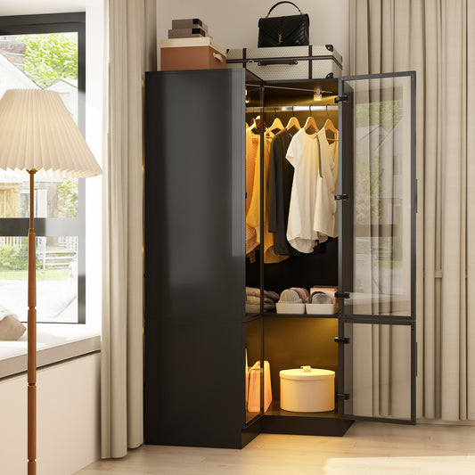 WIAWG Corner Cabinet with 4-Tier Storage, LED Lights, Glass Doors Wardrobe for Bedroom, Black