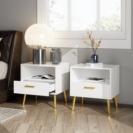 WIAWG Modern Nightstand for Bedroom Side Table with Drawer and Shelf White Set of 2