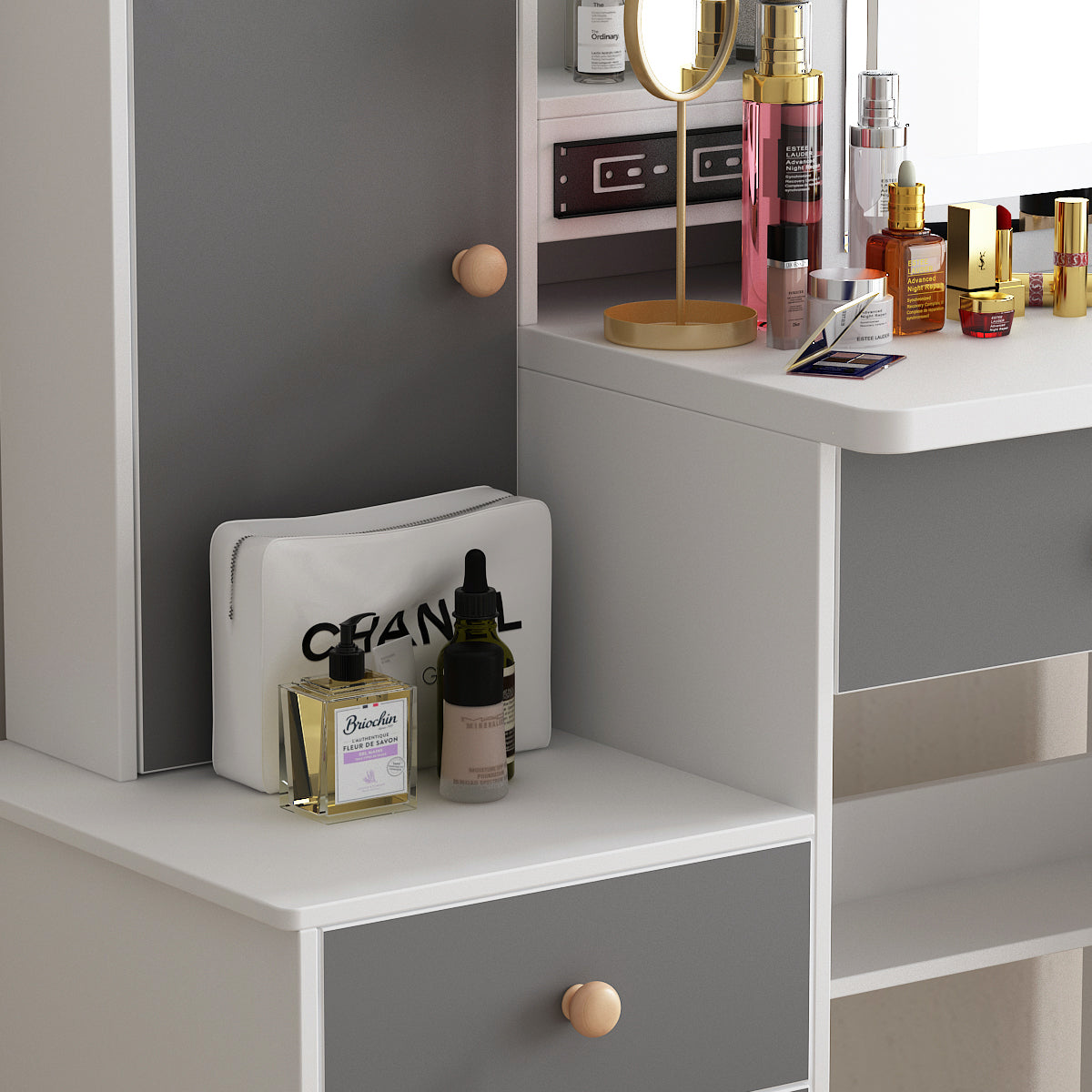 Vanity Set with Mirror and Lights Modern Storage Makeup Dressing Table with 5 Drawers Gray