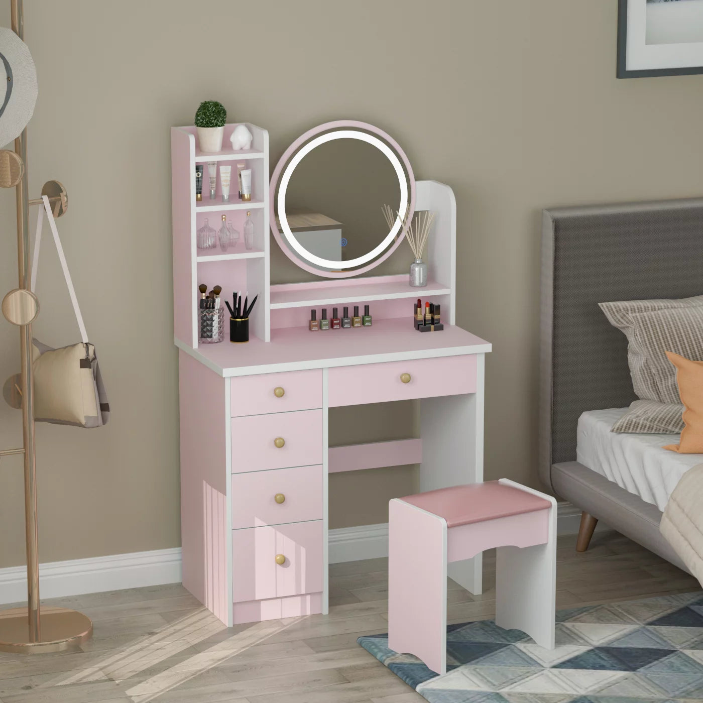 WIAWG Modern Vanity Set With Mirror Make up Table with Built-in 3 Color LED Light Pink