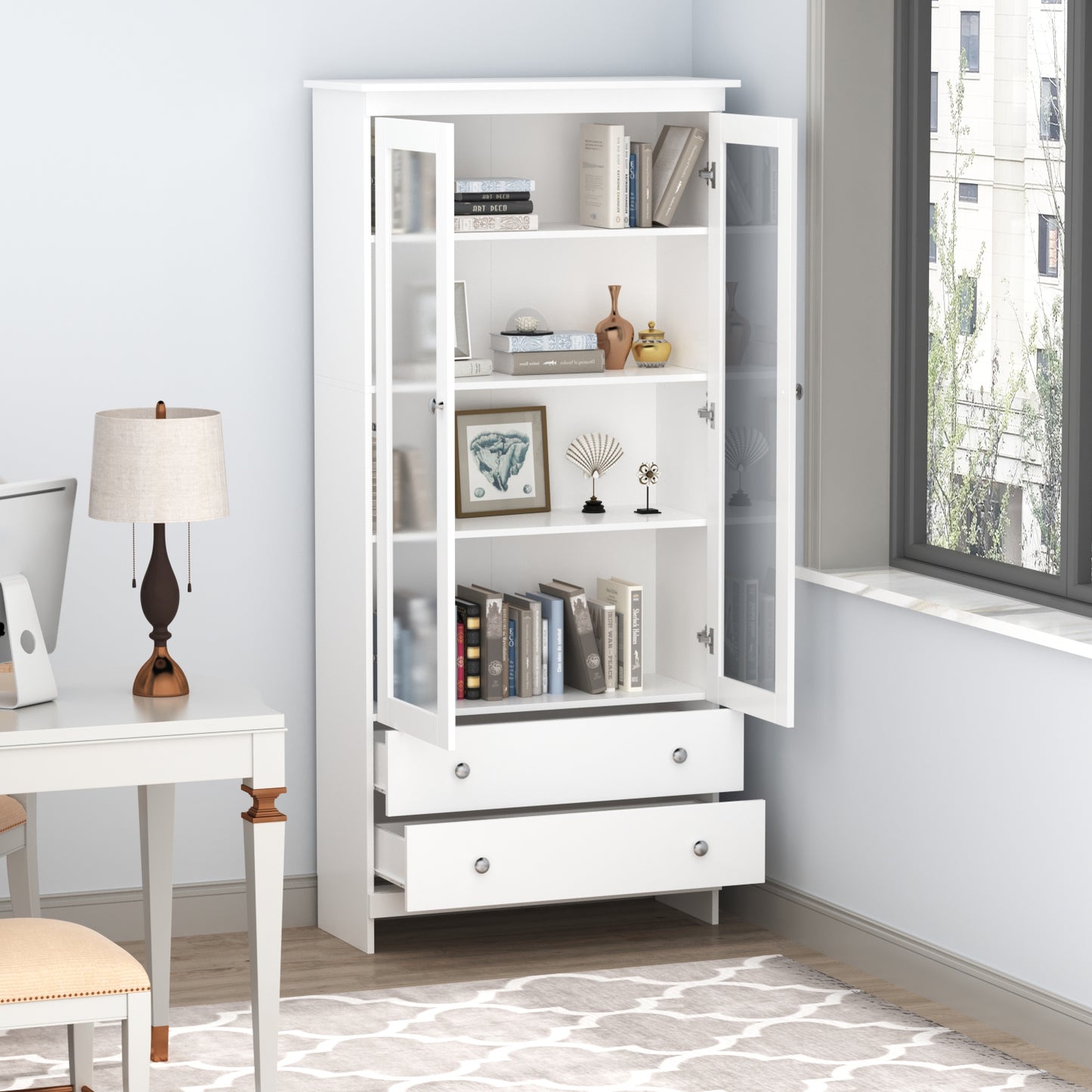 WIAWG Tall Bookcase with Doors Book Shelves and Bookcase with 2 Drawers White 70.7"