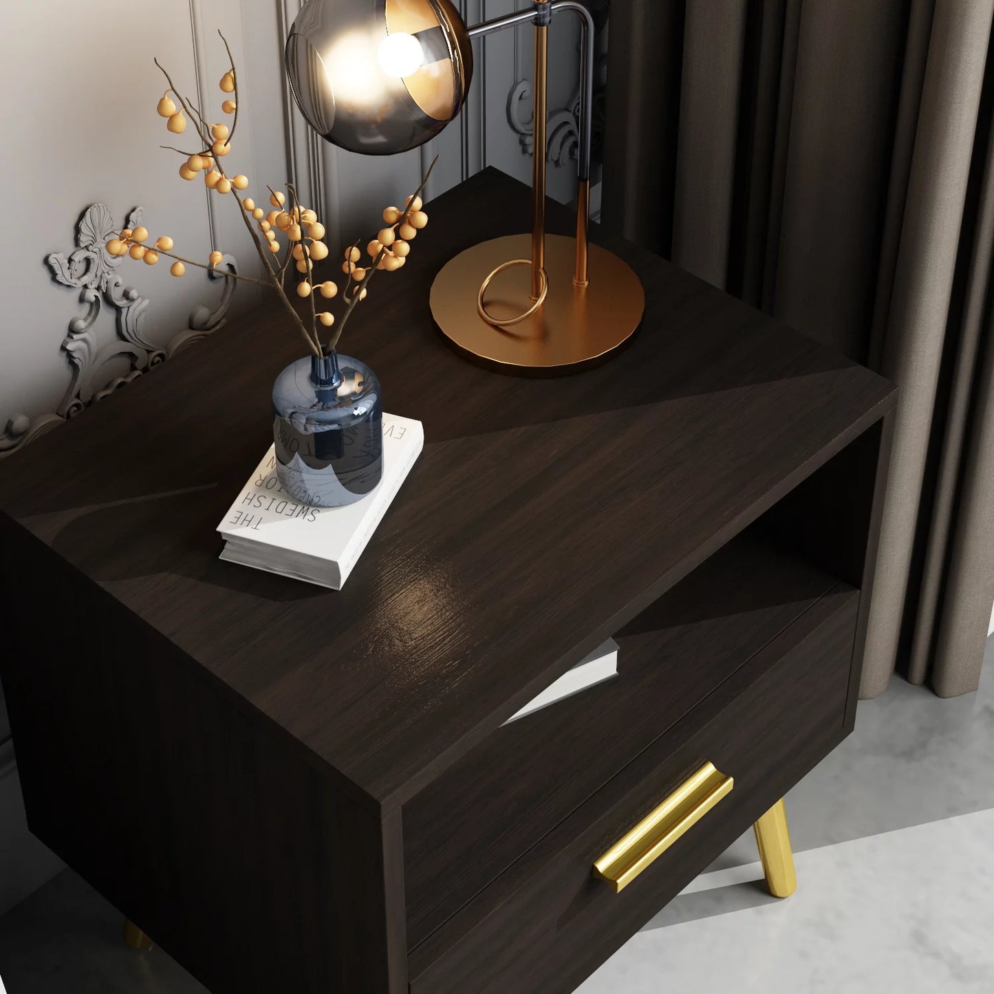 Nightstand with 1 Drawer & 1 Open Shelf, Bedside Table for Bedroom Living Room, Black