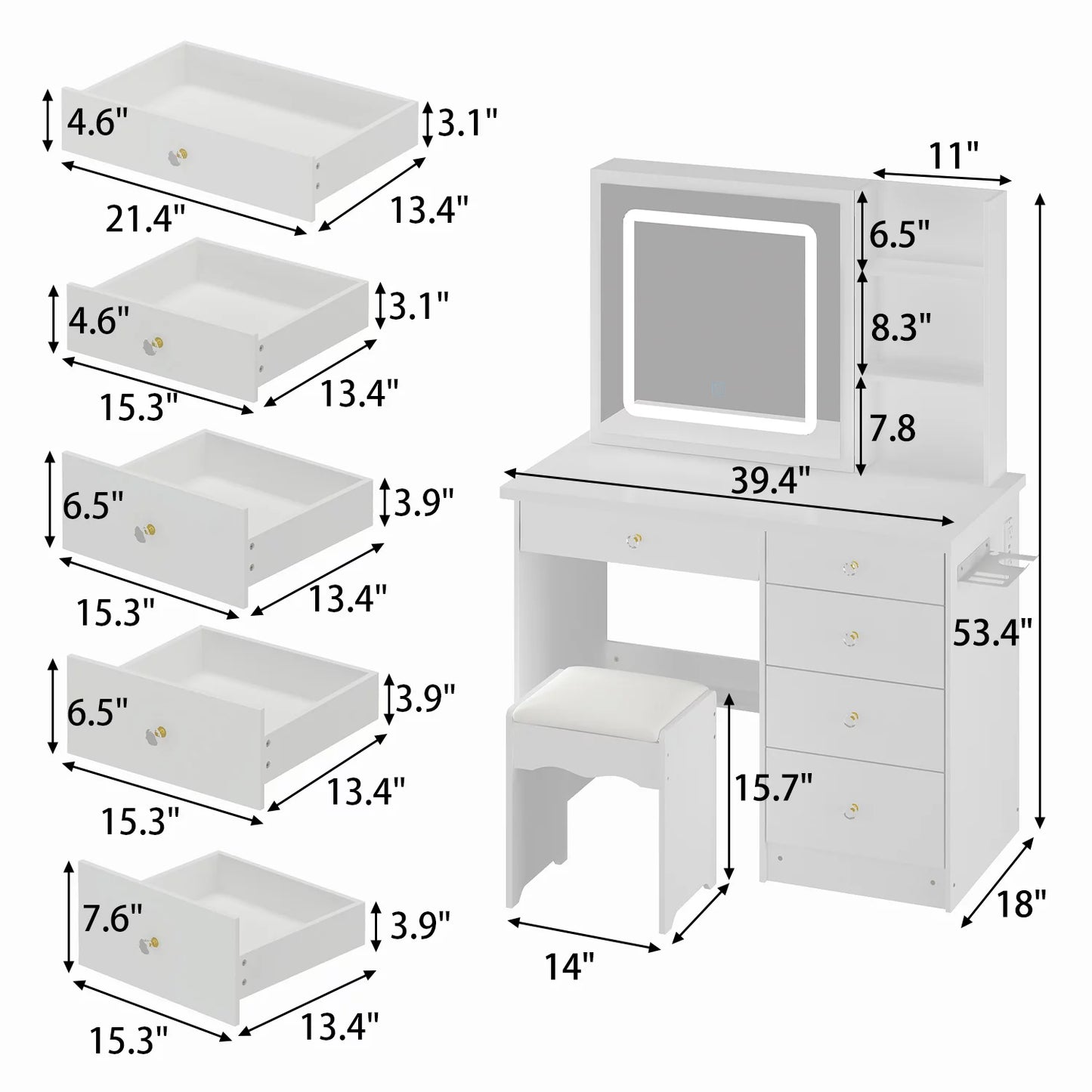 WIAWG Makeup Vanity Table Set with Hair Dryer Holder, Dressing Table with Sliding Lighted Mirror and Charging Station, White