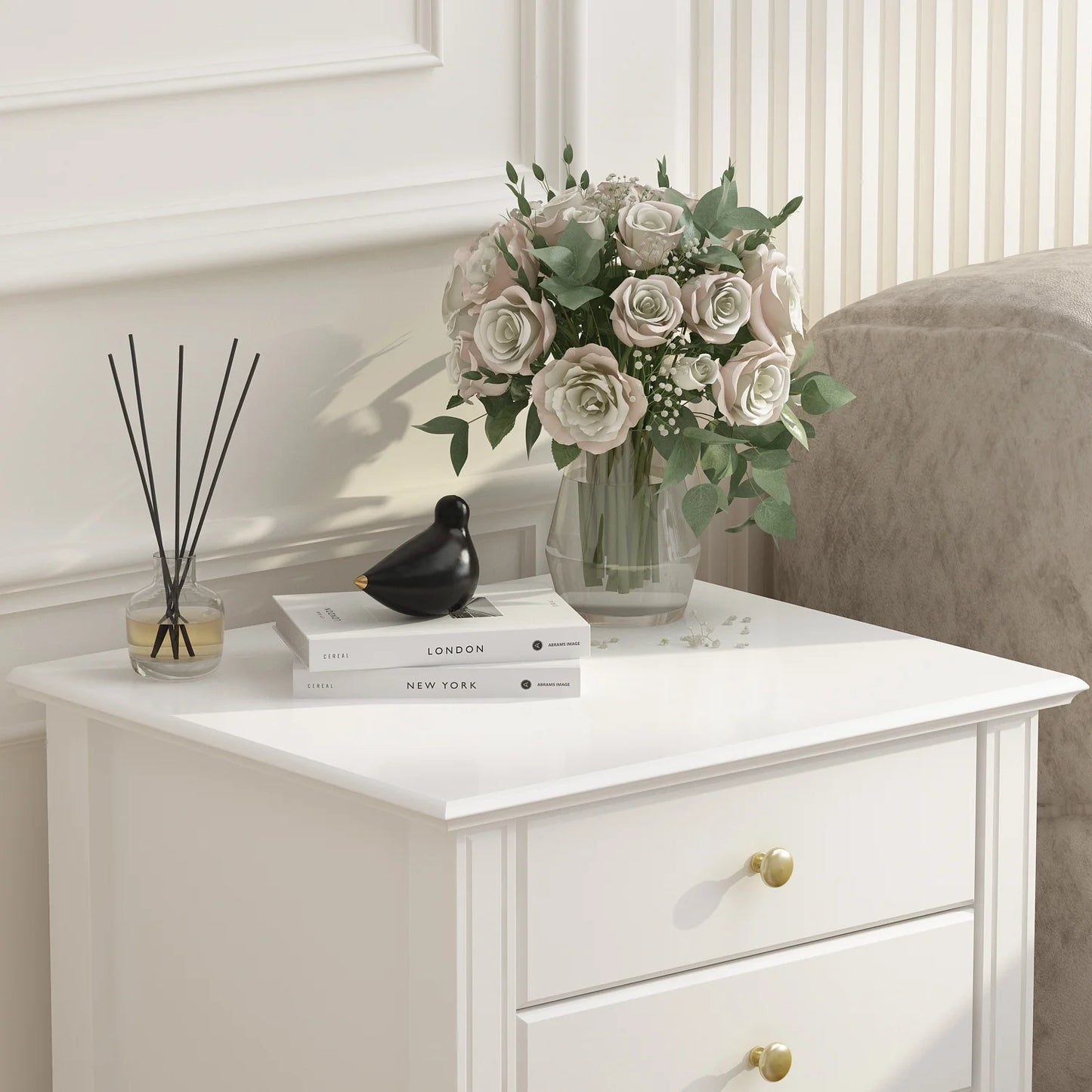 WIAWG Mid Century Nightstand Side Table with 2 Drawers and open shelf for Bedroom Living Room White