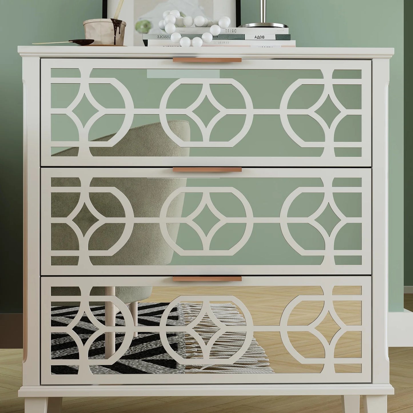Decorative Mirrored End Table with 3 Drawer, White Accent Storage Cabinet for Living Room
