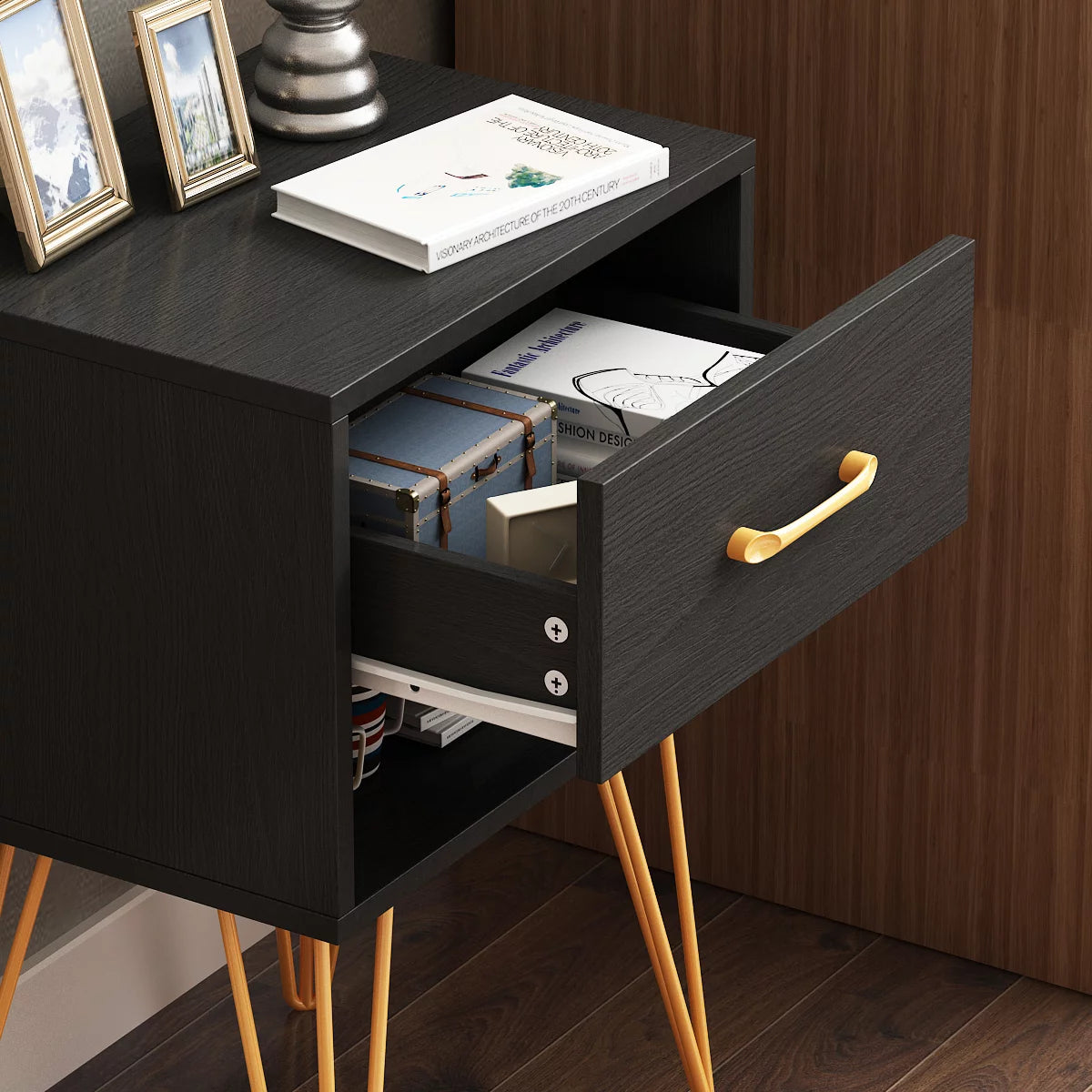 WIAWG Metal Frame Nightstand with Drawer, Modern End Table Set of 2 for Bedroom, Black